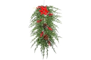 DUDNJC Artificial Christmas Pine Branch Poinsettia Teardrop Wreaths, 25in Faux Winter Pine Cones Greens Frosted Red Berries Mixed Bell Christmas Swag for Front Door Farmhouse Style Home Decor