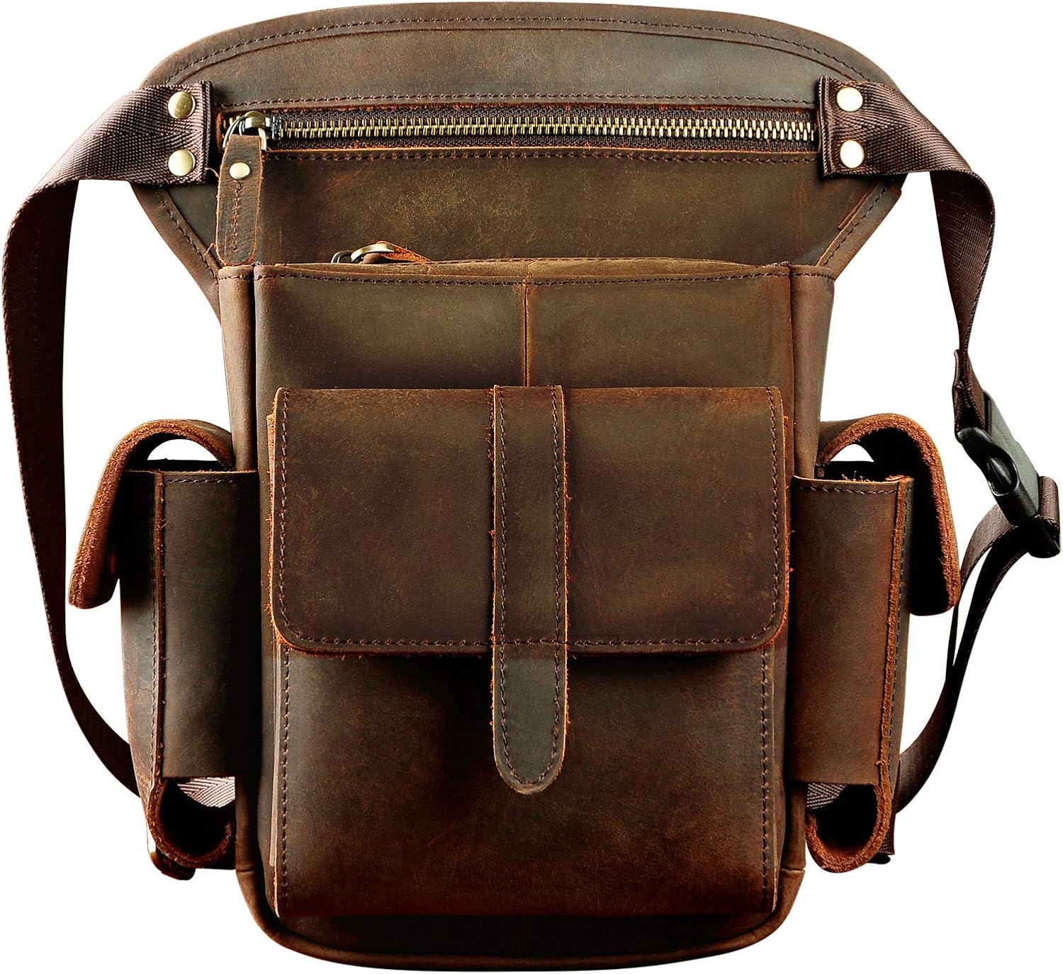 Le'aokuu Mens Genuine Leather Messenger Motorcycle Hip Bum Waist Pack Drop Leg Cross Over Thigh Bag 913-5 (0 913-5 Brown)