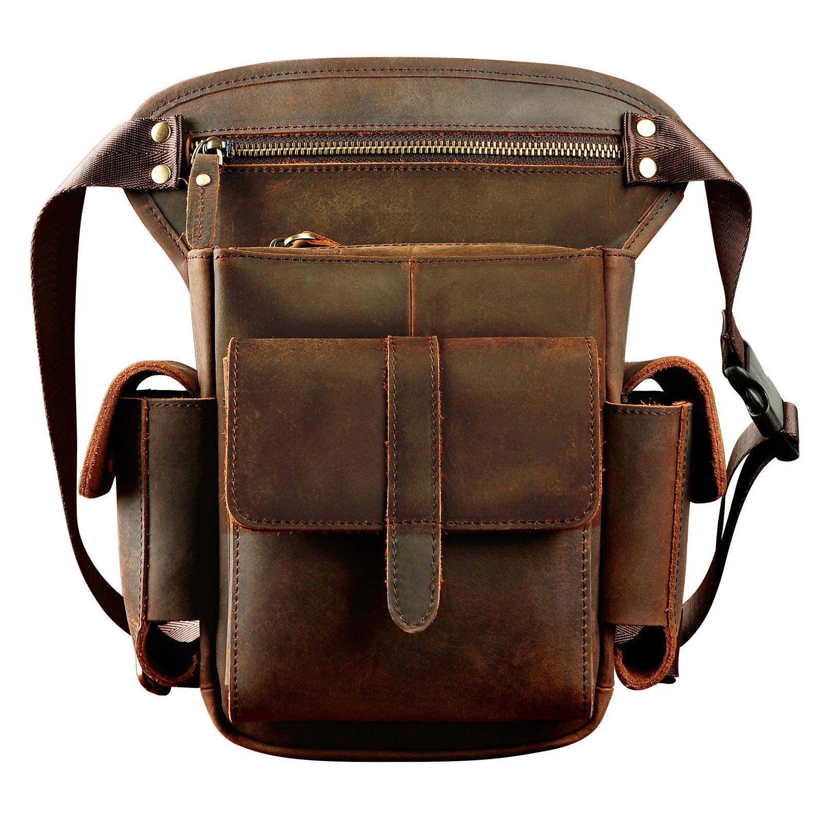 Le'aokuu Mens Genuine Leather Messenger Motorcycle Hip Bum Waist Pack Drop Leg Cross Over Thigh Bag 913-5 (0 913-5 Brown)
