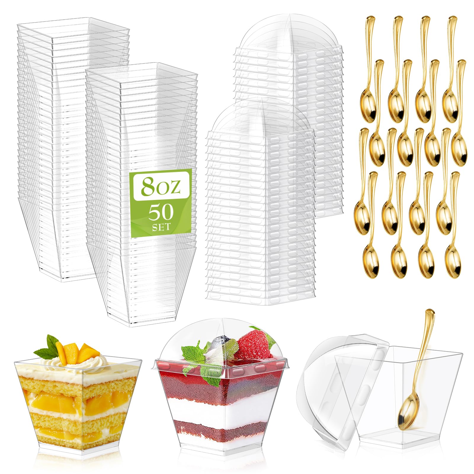 Photo 1 of 150 Pack 8oz Square Plastic Dessert Cups with Dome Lids and Mini Gold Spoons, Clear Yogurt Parfait Cups Serves 50, Disposable Appetizer Cups for Fruit Pudding Shooter Birthday,Wedding,Party Tasting