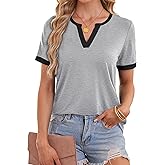 LilyCoco Women's Striped Shirt Short Sleeve Color Block Tops Notched Neck Summer Tee