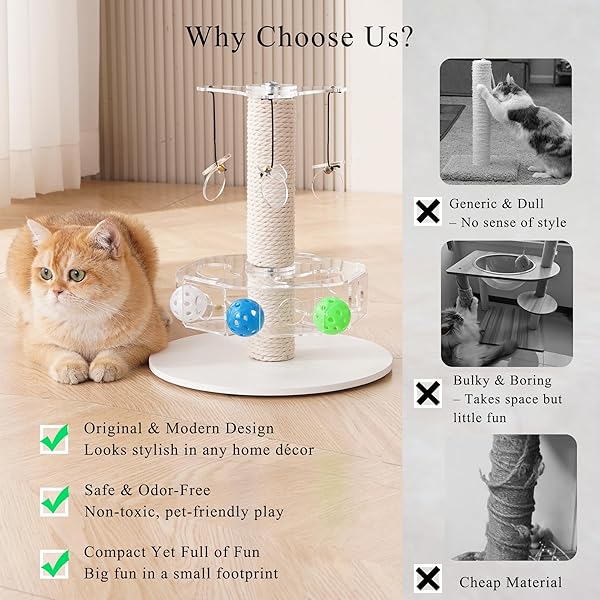 KICARI MODERN 3-IN-1 INTERACTIVE CAT TOY, ROTATING PUZZLE BOX CAT PUZZLE TOYS FOR INDOOR CATS WITH COLORFUL JINGLE BALLS, SMALL SCRATCHING POST, SPINNING TEASER DISC WITH DANGLING TOYS, ACRYLIC WHITE