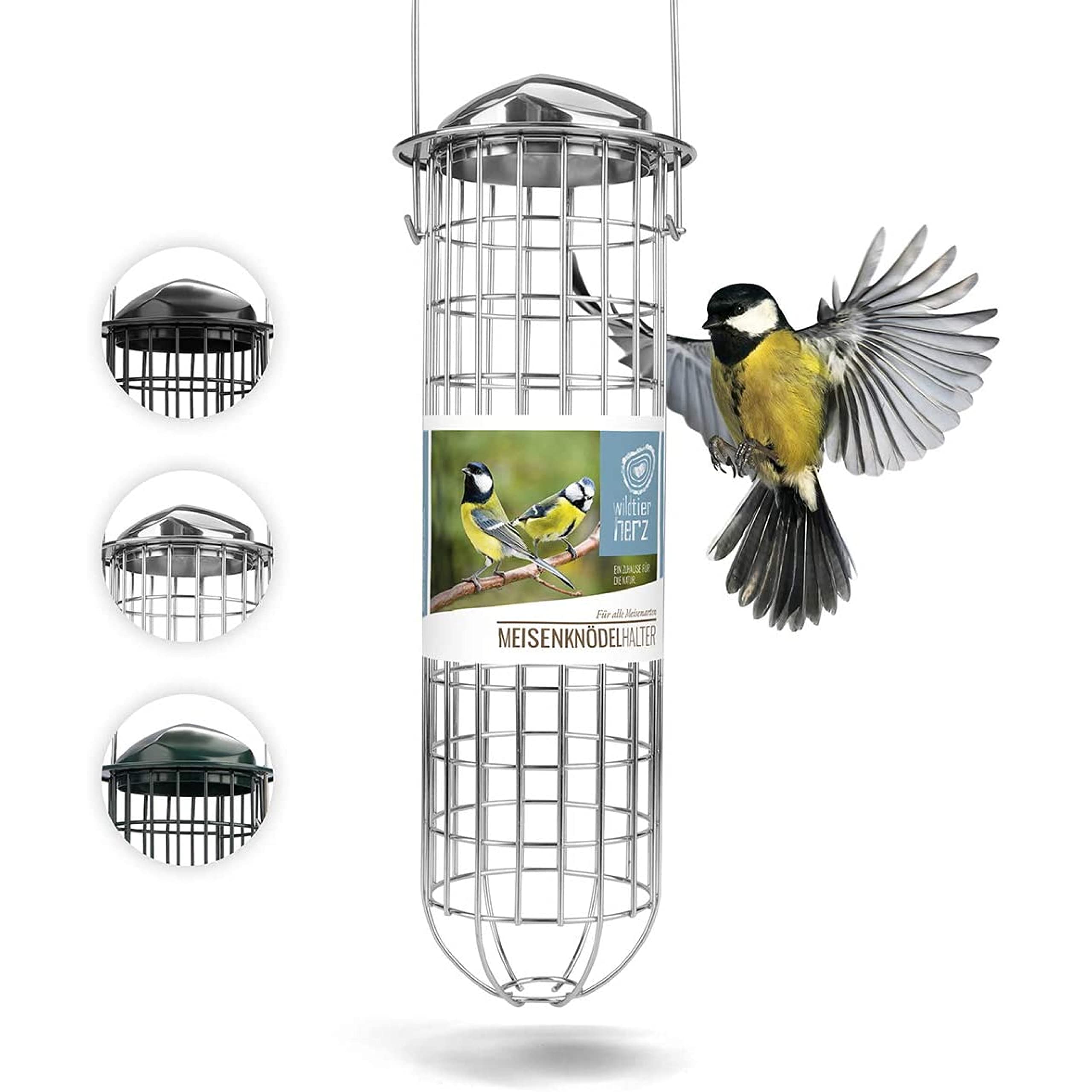 wild animal heart | Fat Ball Holder 12" - 5 year guarantee - made of rustproof metal Bird Feeding Station for Fat Balls - Ecological Bird Feeder (31cm, Stainless Steel)