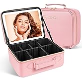 JUSRON Travel Makeup Bag With LED Mirror, Train Case with Light up Mirror, Portable Makeup Artist Organizer Bag with Adjustable Dividers, Makeup Brush Holder Storage (Pink, Large)