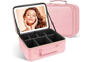 JUSRON Travel Makeup Bag With LED Mirror, Train Case with Light up Mirror, Portable Makeup Artist Organizer Bag with Adjustable Dividers, Makeup Brush Holder Storage (Pink, Large)