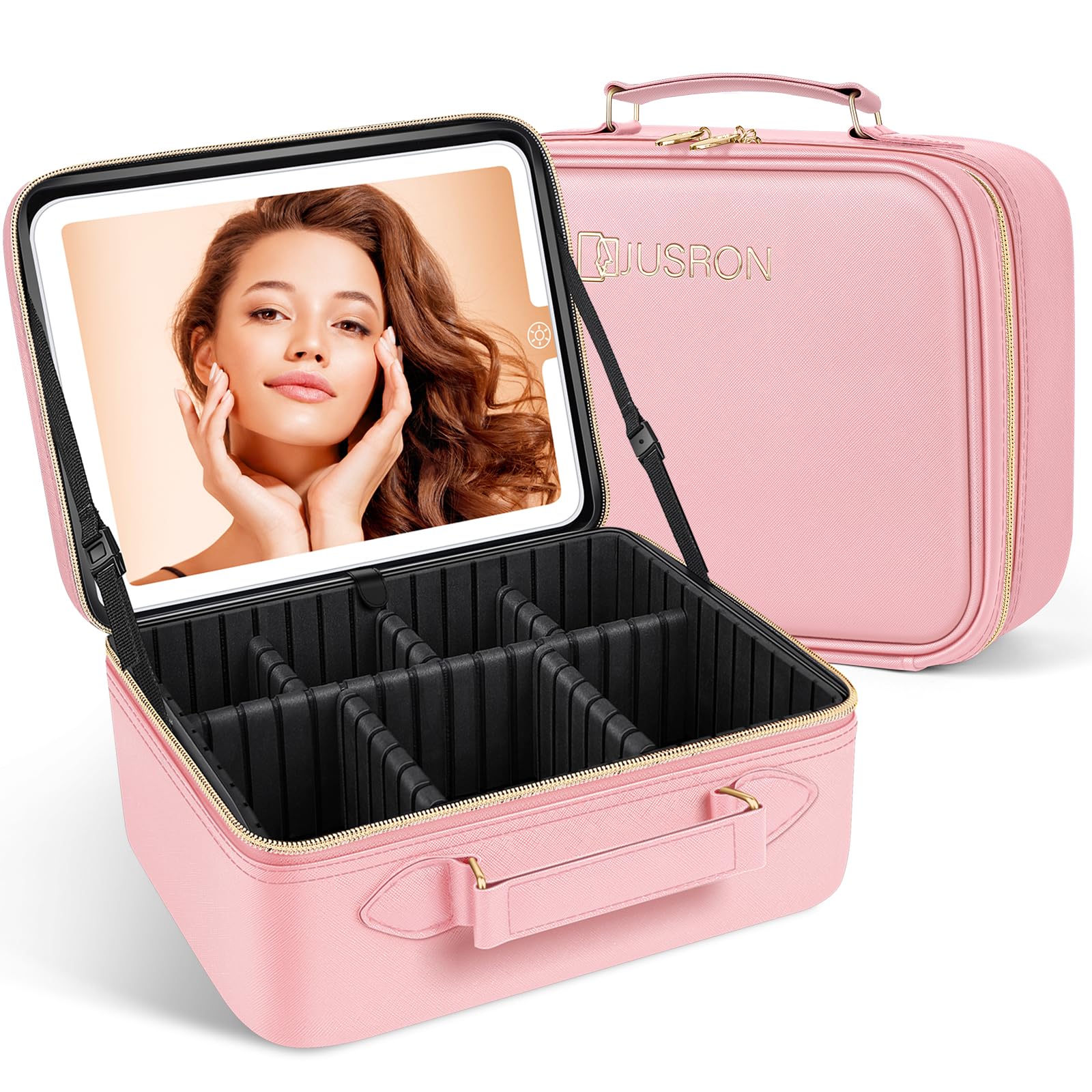 Photo 1 of ***CRACKED MIRROR***JUSRON Travel Makeup Bag With LED Mirror, Train Case with Light up Mirror, Portable Makeup Artist Organizer Bag with Adjustable Dividers, Makeup Brush Holder Storage (Pink, Large)
