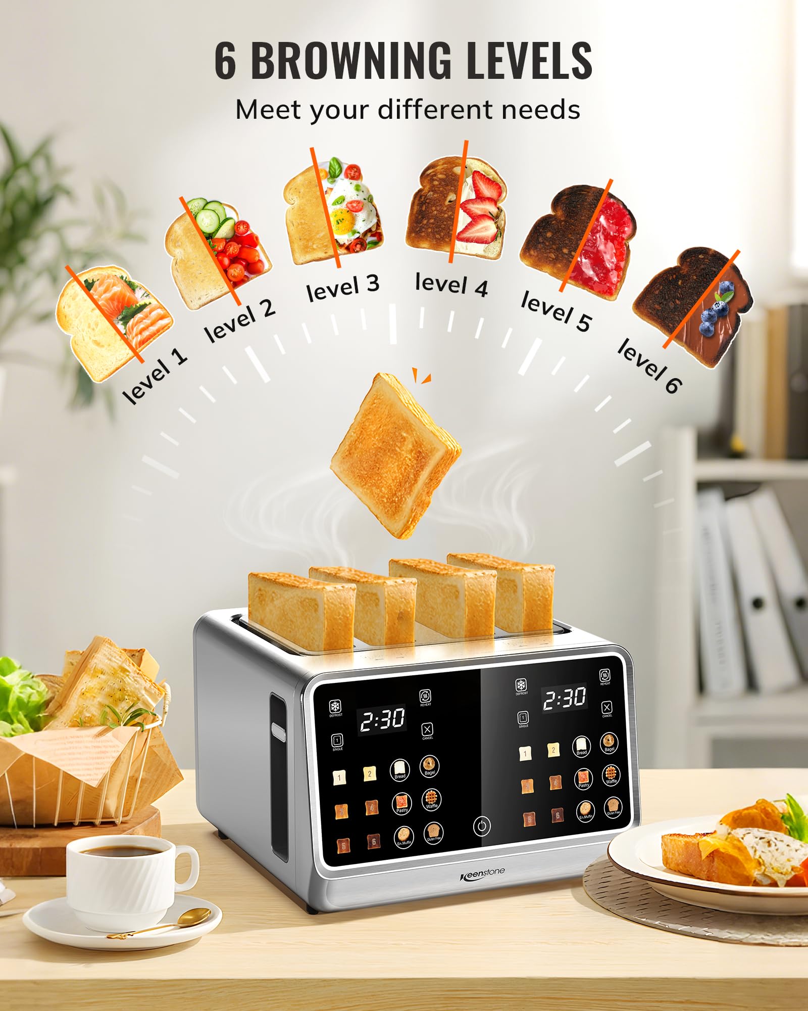 Tostadora Keenstone de 4 rebanadas, tostadora digital inteligente con pantalla táctil, panel de control dual, tostado de una sola ranura, temporizador, recalentar y descongelar para bagels, pan, gofres, elementos esenciales de cocina de acero inoxidable