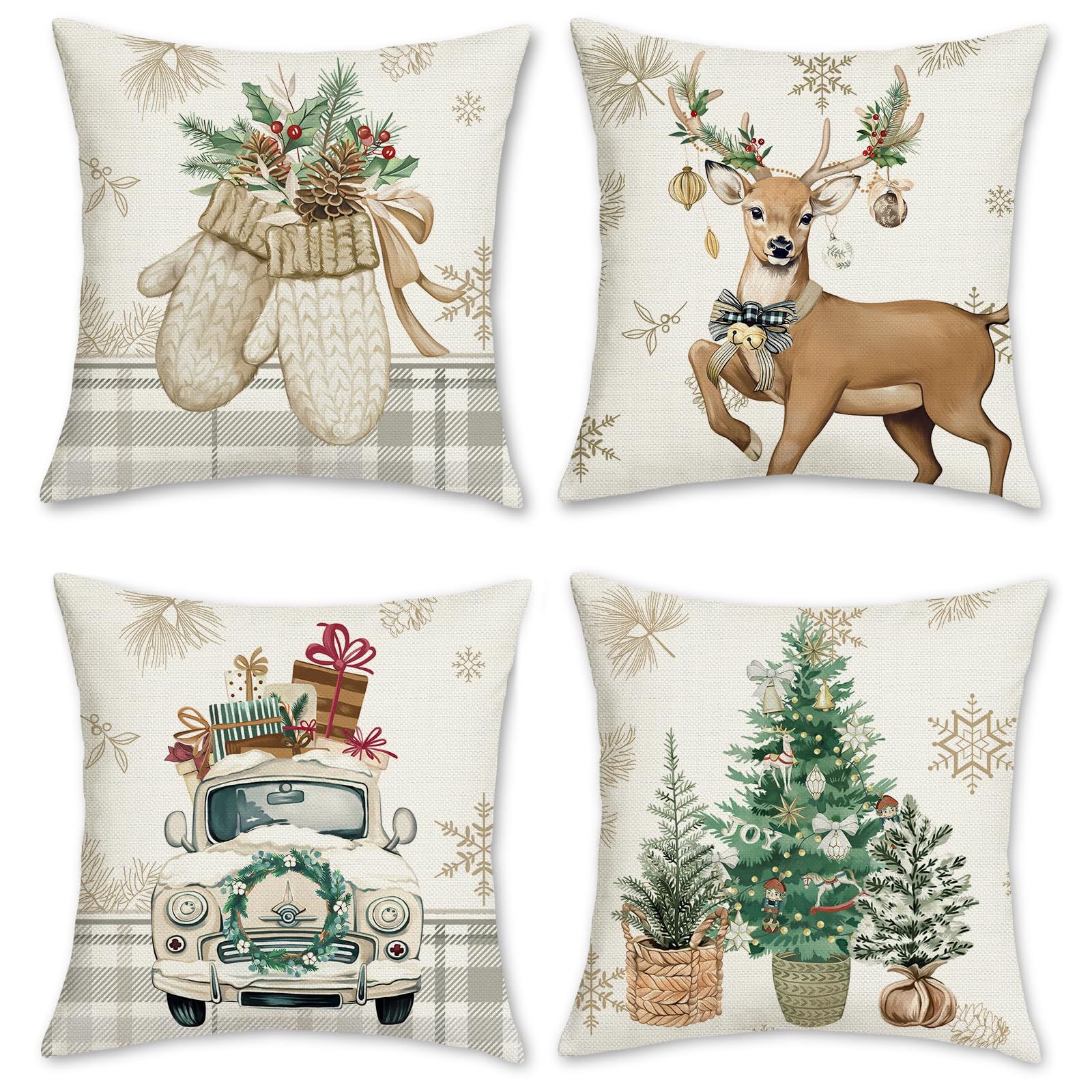 Bonhause Winter Animals Cushion Covers 45 x 45 cm Reindeer Tree Truck Gloves Holiday Decorative Throw Pillow Covers for Sofa Bed Winter Holiday Decor Set of 4