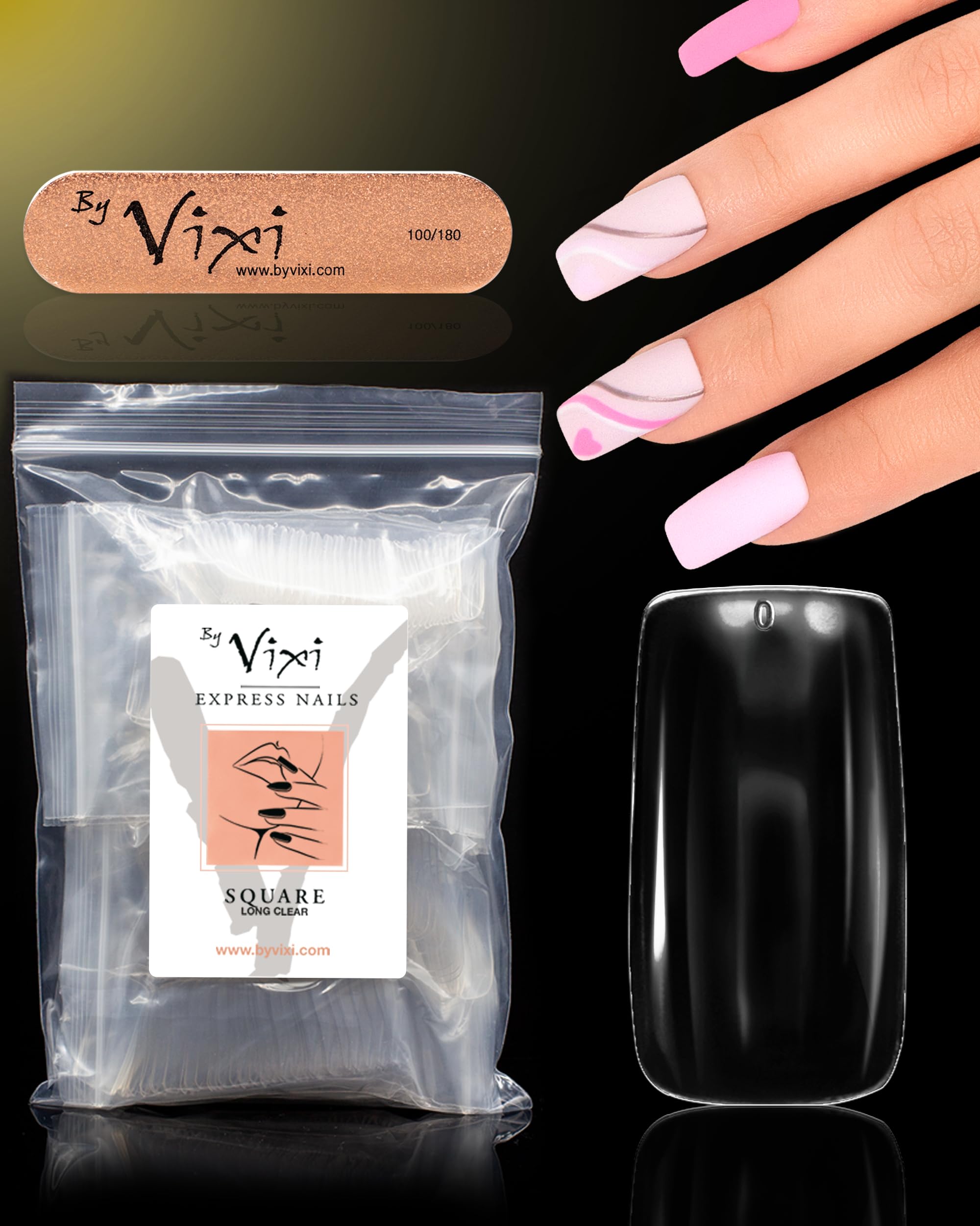 500 Long Square Press On Nails Set with By Vixi Prep File – Clear Full Cover False Nails, Stick On Fake Nail Tips, 10 Sizes, Acrylic Nail Extensions for Gel Polish & Nail Art — image 1
