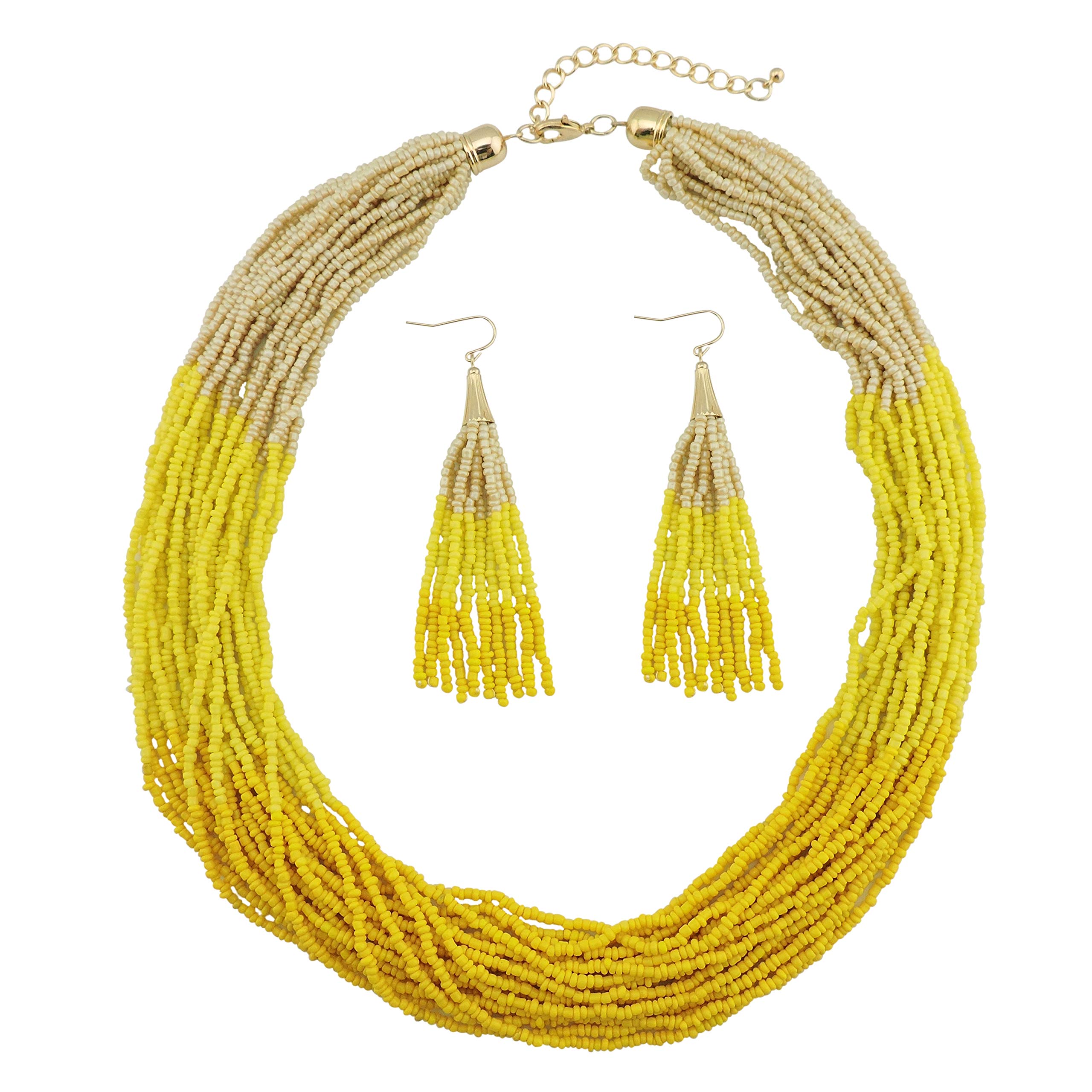 Bocar Multi Layer Beaded Statement Necklace Set Strand Necklace and Earrings for Women Gift (NK-10459-Yellow)