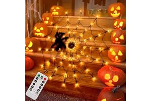 LCHUANG Halloween Decorations Spider Web Lights - 4FT Diameter 70 LEDs with Black Spider, Waterproof Net Lights, Remote Control, 8 Modes Cobweb Halloween Decorations for House Garden Indoor Outdoor (Orange)