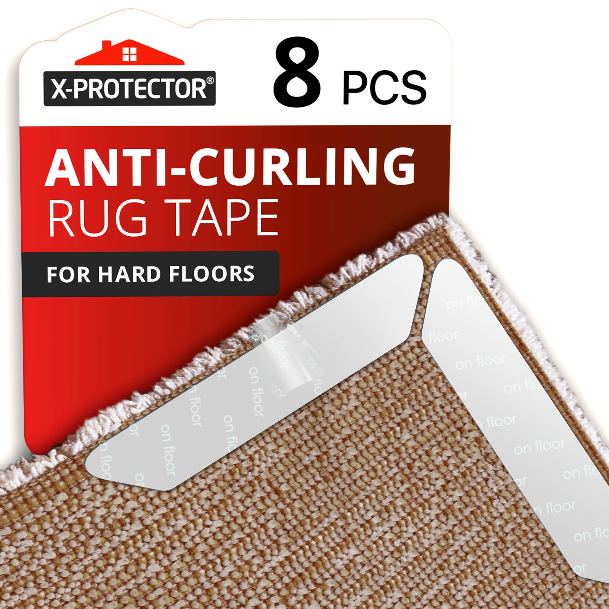 X-Protector Rug Tape - 8 Pcs Set - White Anti-Slip & Anti-Curling Carpet Tape for Hard Floors - Premium Rug Pad Gripper - Carpet Corner Grippers to Keep Your Carpet in Place & Make Corners Flat