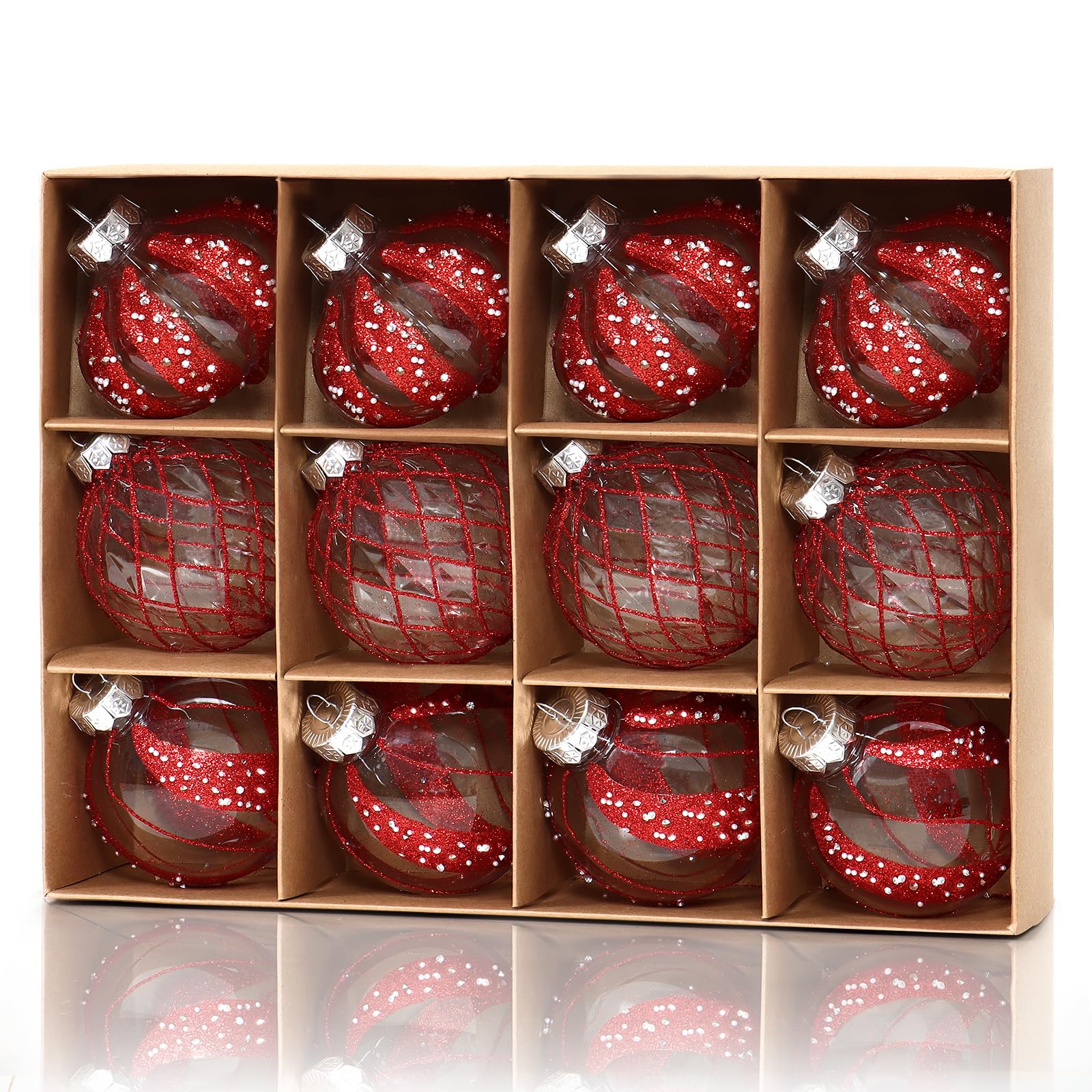 DEMIUKO 80mm Red Christmas Baubles 12PCS Xmas Balls Set Large Clear Glitter Baubles Christmas Tree Decorations Shatterproof Acrylic Balls Hanging Ornaments for Xmas Gift Holiday Party Wedding Home