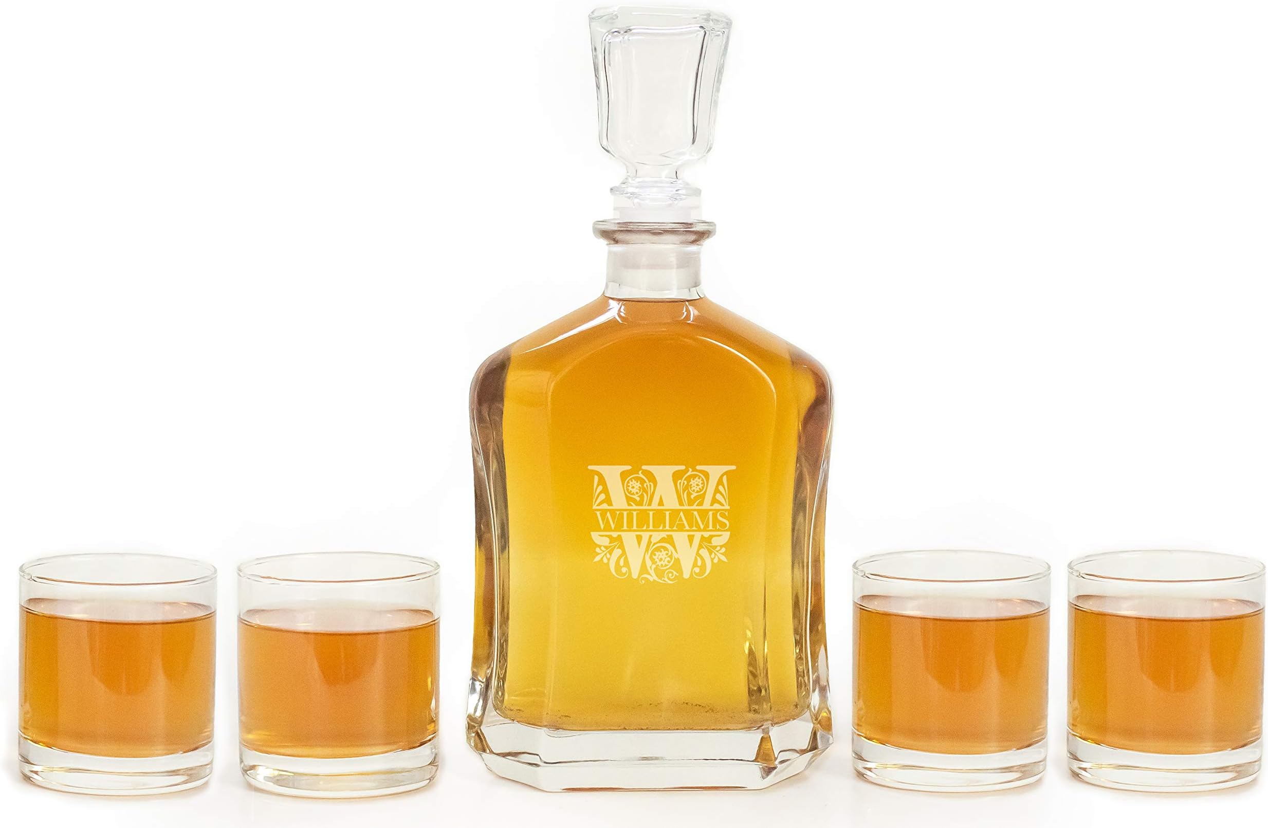 Personalized Glass Decanter Set (Filigree Design) - Engraved 23 oz Liquor Bottle & 4 Glasses - Choose from 6 Monogram Designs - Unique Gift for Him