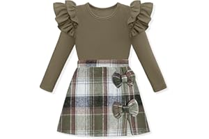 KISSB Girls Clothes Long Sleeve Ruffle Sleeve Top and Plaid Skirt Set Fall Winter Girls Outfits 5-12Y