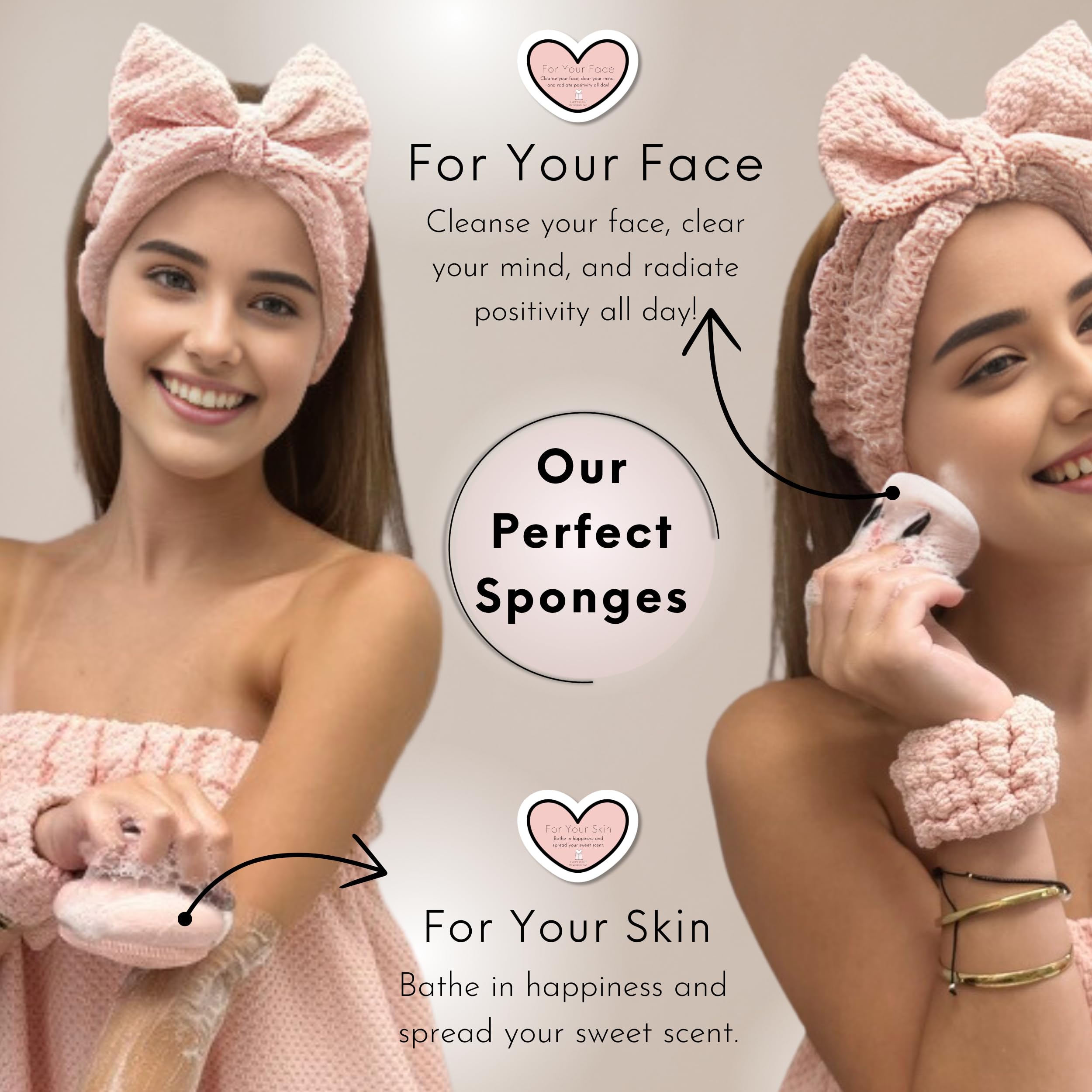 Happy Lolli Power Shower Gift Set – College Essential Bath Accessories for Women and Teen Girls – Includes Body Towel, Hair Towel, Wrist Bands, Headband, Face Sponge and More (Fresh in Pink)