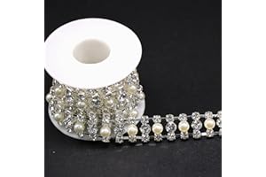 Rytenz 1 Yard Pearl Tassel Rhinestone Trim, Inlaid Pearl Beaded Chain, Crystal Applique Ideal for DIY and Wedding Party Decoration Bridal Embellishments(Pearl) (Pearl-2 Rows-1)
