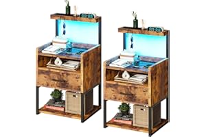 AOGLLATI Nightstand Set of 2 with Charging Station, Rustic Brown Night Stands for Bedroom Set of 2, Bedside Table with Storage Drawer and LED Light, End Side Table with USB Ports Easy Assembly
