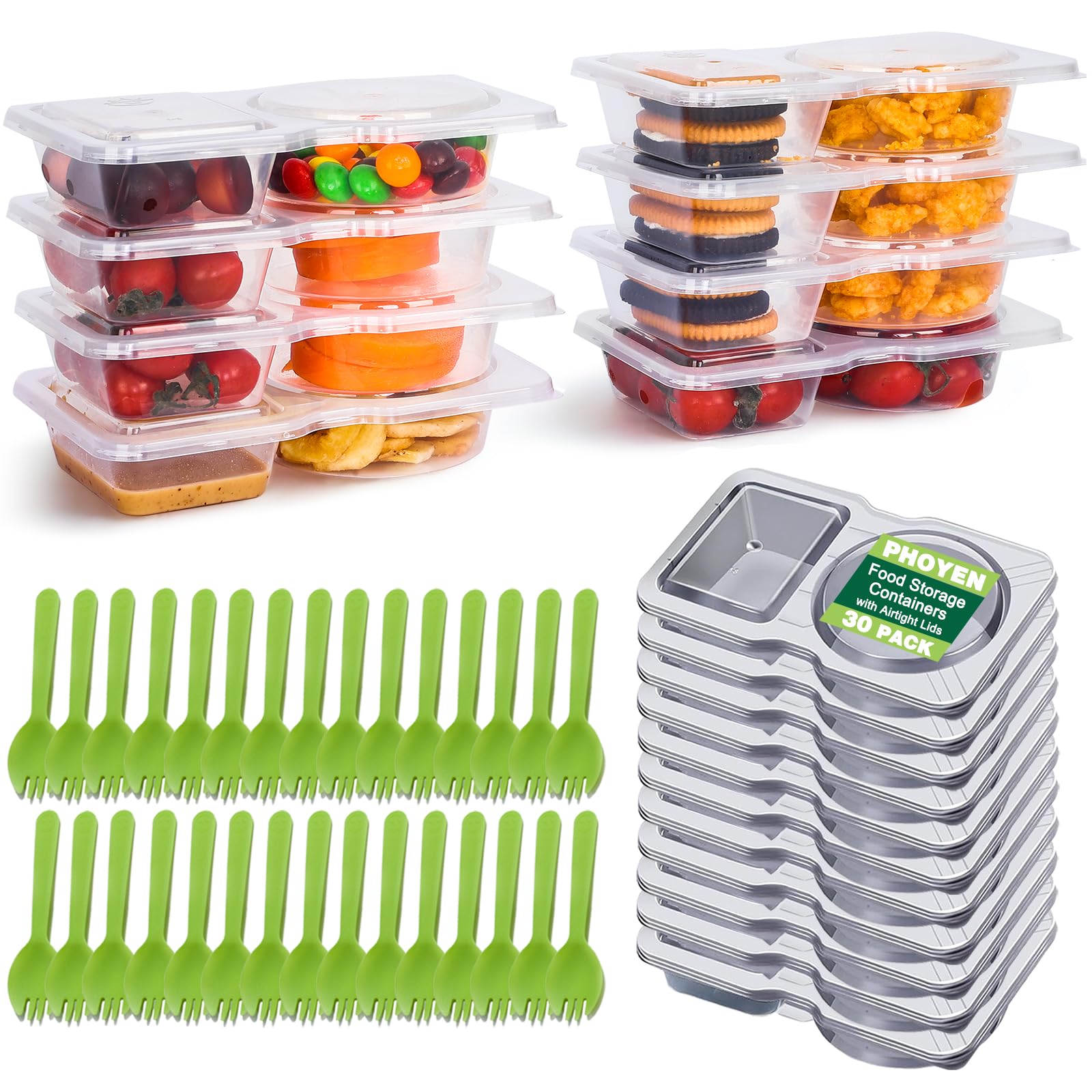 Photo 1 of 30 Sets Reusable Snack Containers with Lids, Double Compartment Snack Pack Containers with Spoons, BPA Free | Microwave & Dishwasher Safe | Leakproof Condiment Containers for School Office Travel