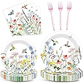 96Pcs Spring Wildflower Baby Shower Decorations Floral Hummingbird Paper Plates Napkins Flower Cake Dessert Party Tableware Set for Girls Bridal Wedding Birthday Tea Party Supplies Serve 24