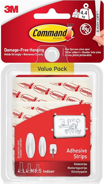 Command Assorted Adhesive and Mounting Strips 8 Small 4 Medium 4 Large White