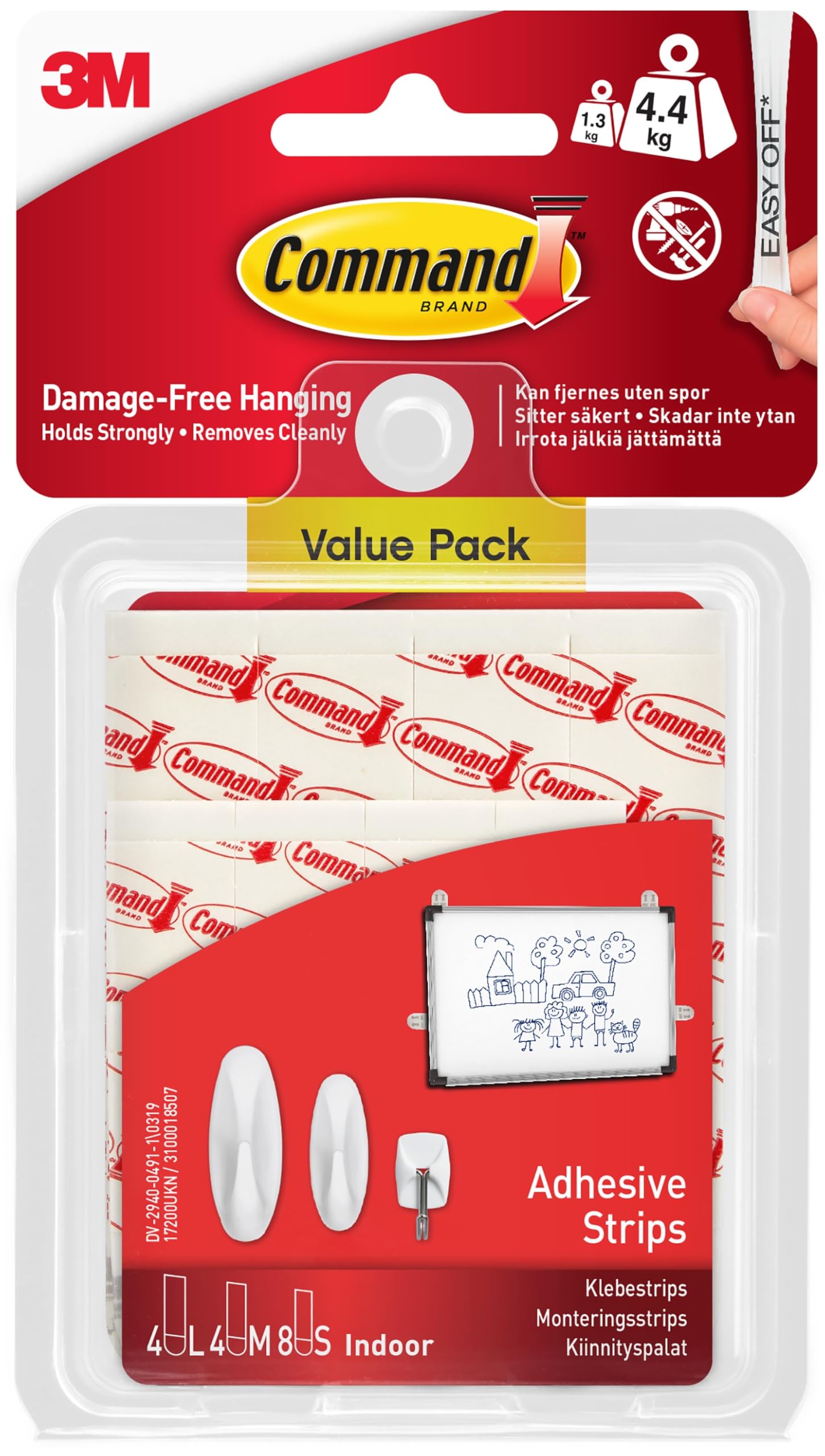 Command Assorted Adhesive and Mounting Refill Strips, Pack of 8 Small, 4 Medium, 4 Large Adhesive Strips - Damage Free Hanging - Holds up to 4.4 kg, White