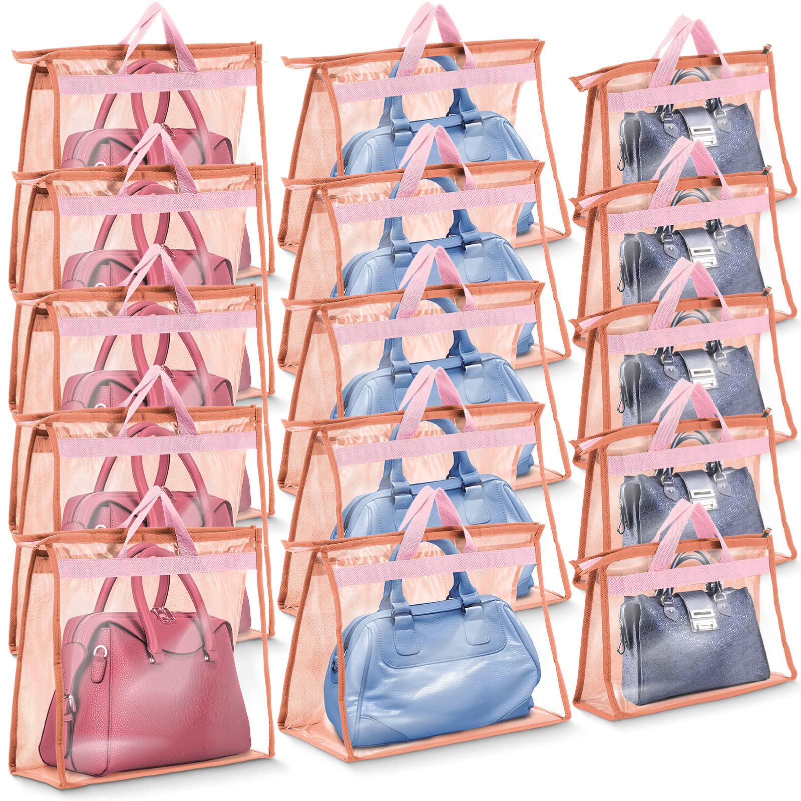 Photo 1 of Shappy 15 Pieces Dust Cover Organizer Bags for Handbags, 3 Sizes Clear Handbag Storage Bag Purse Storage with Zipper and Handles Dust Bags for Purses Handbags Closet, 5 Each Size (Pink)