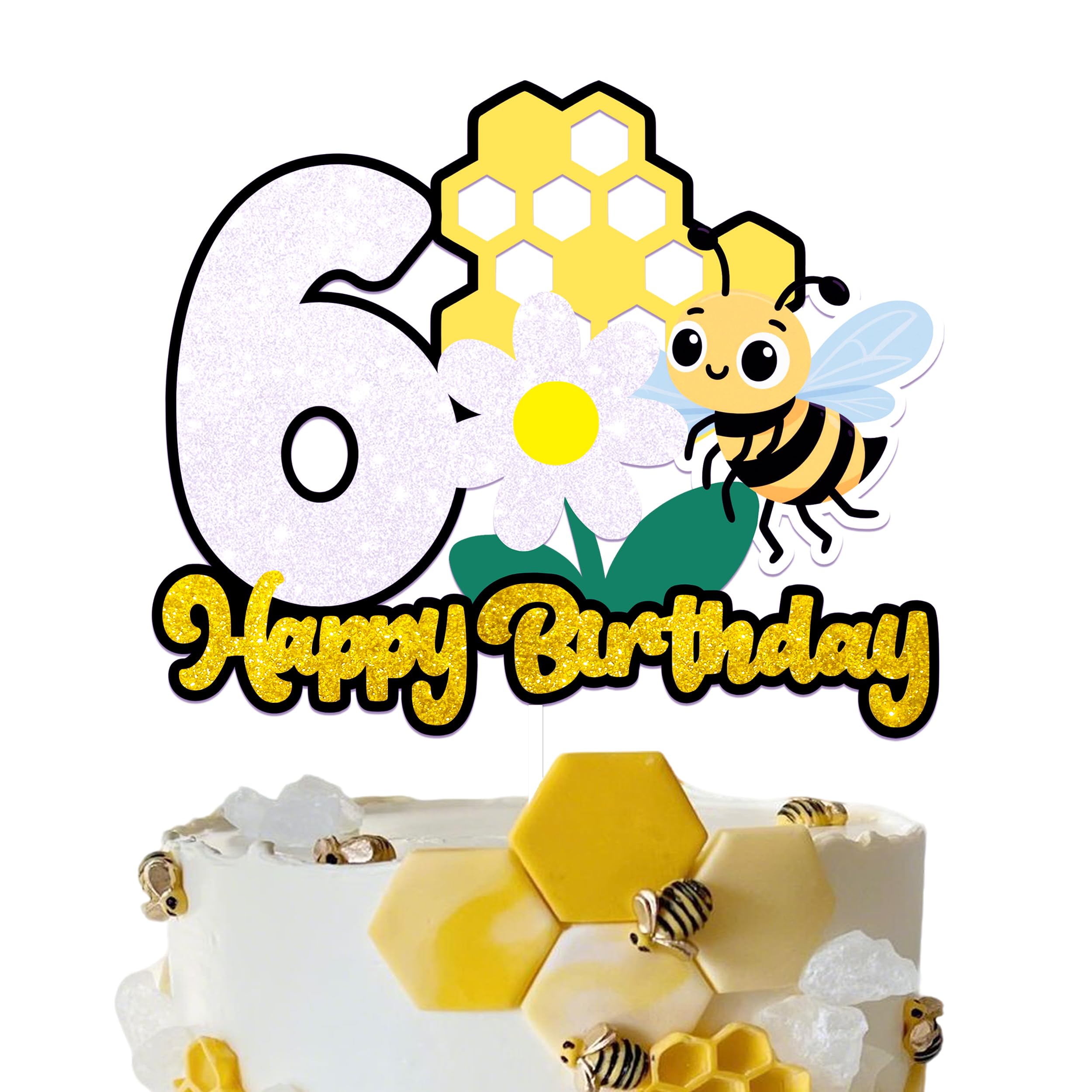 Photo 1 of Bumble Bee 6th Birthday Cake Topper, Bee Cake Topper 6, Honeycomb Sunflower Bee Cake Decorations for Boys Girls, Honey Bee Themed 6th Birthday Party Decorations