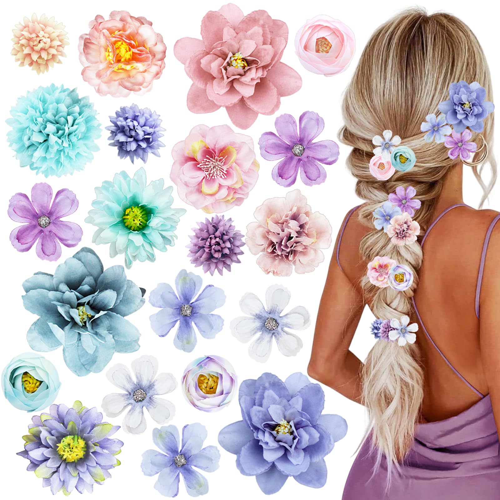 Photo 1 of 21 PCS Hair Flowers Boho Hair Barrettes Accessories Hawaiian Silk Flower Clips Girls Purple Blue Floral Bride Headpiece Festival(BLUE & PURPLE)