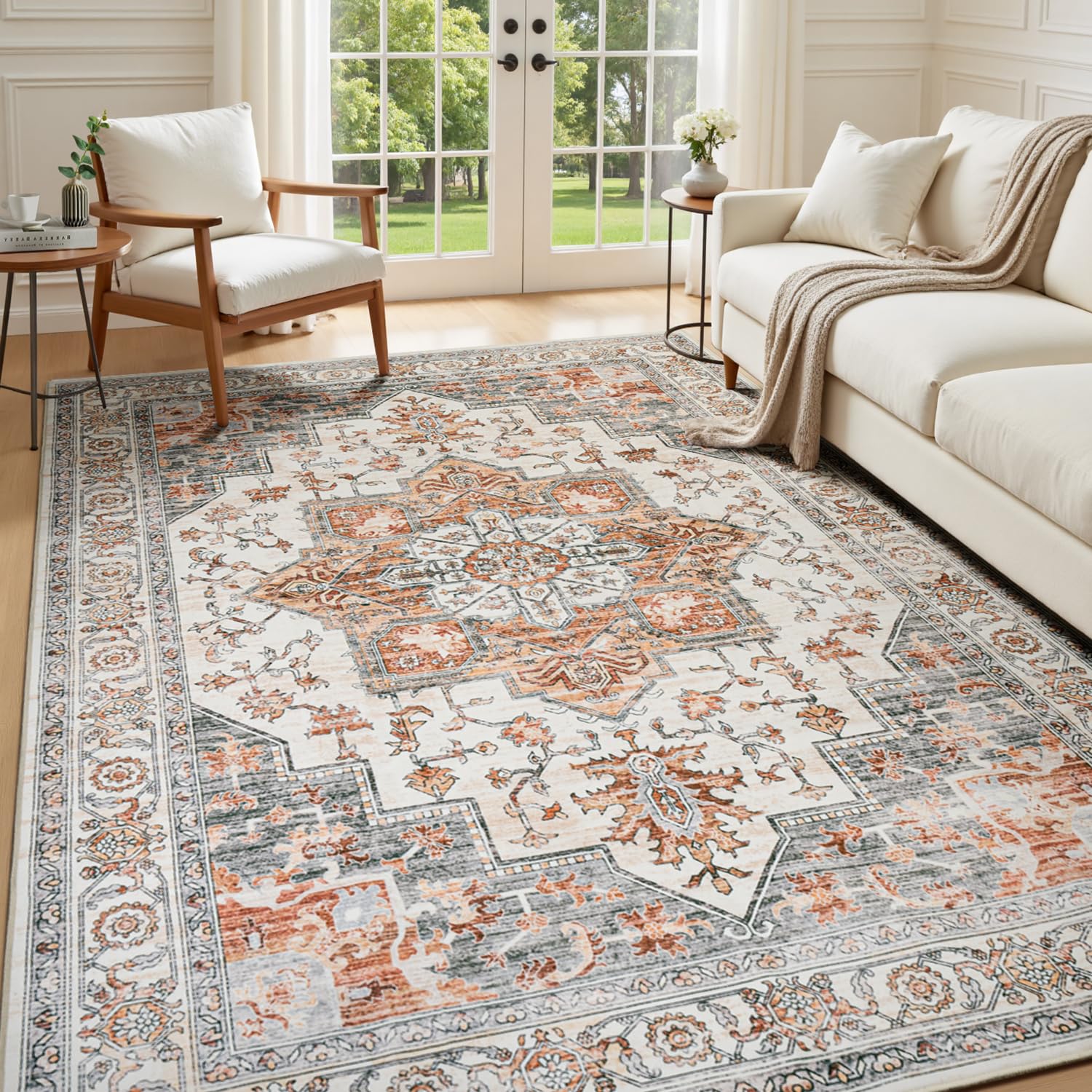 Lessymo 5x7 Washable Area Rugs for Living Room Bedroom Dining Room, Soft Vintage Boho Carpet Non Slip, Indoor Floor Mat Low Pile for Entryway Dorm Nursery Kids Room Bedside Home Office, Orange/White Image