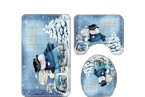 Christmas Bathroom Rugs Set,3 Pcs W/Toilet Seat Cover Area Mats Xmas Santa Claus Snowman Bathroom Decorations Funny Xmas Indo