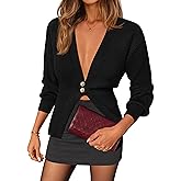 JEIBKOUY Womens Deep V Neck Button Cardigan Sweaters Long Sleeve Cropped Knit Sweater Y2k Cute Casual Fall Outfits