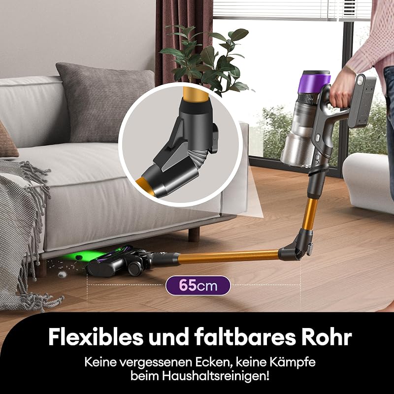 Akku Staubsauger,55KPA/600W/60Mins Staubsauger Kabellos mit 180° klappbarem Rohr, 1,5L Großer Staubbecher, Anti-Tangle-Bürste, GreenEye-Technologie,Licht für Hartböden Teppiche Tierhaare