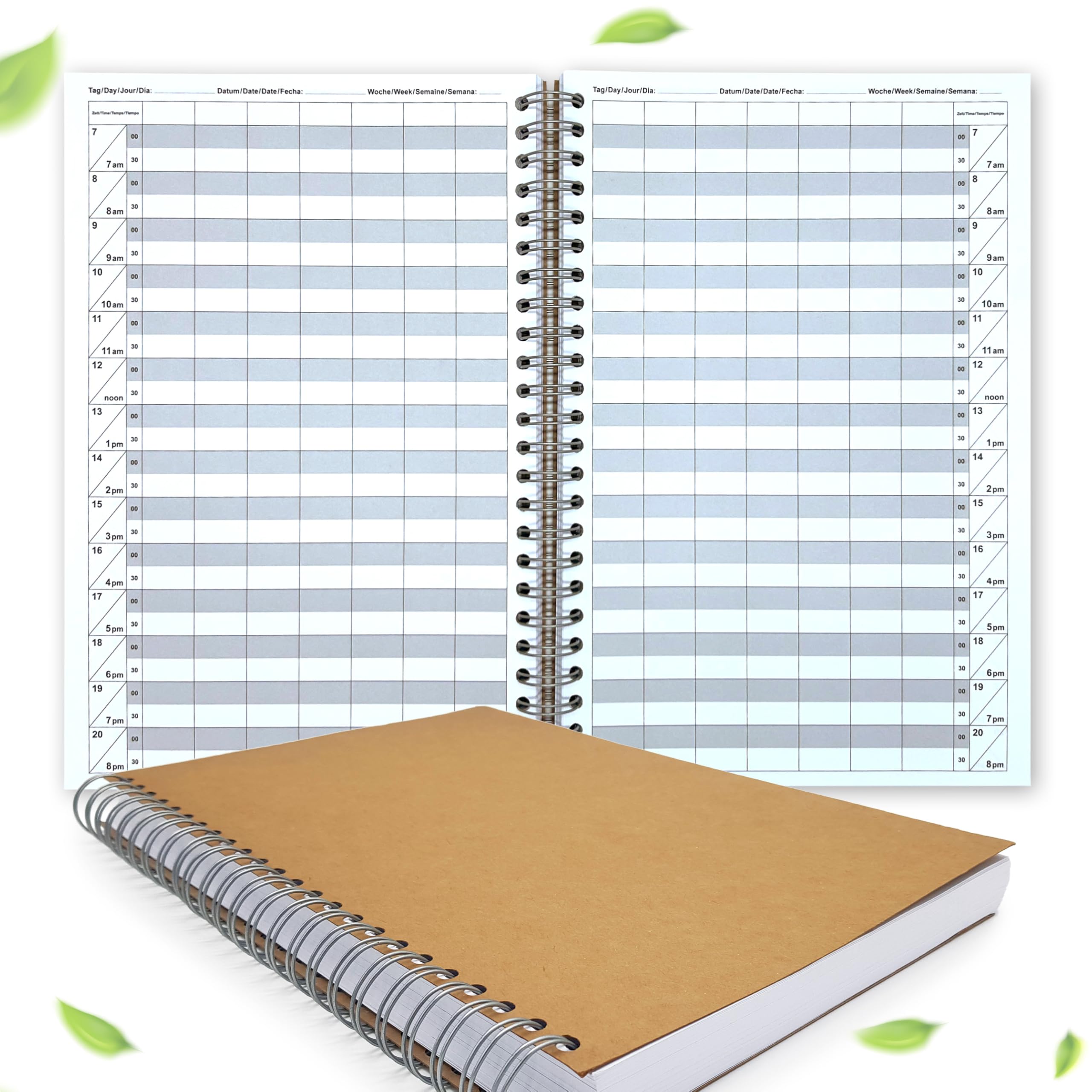 Appointment book for hairdresser, barber-shops, beauty salons, physiotherapy practices for 1-10 assistants and 10, 15 or 30 minute time slots – sturdy spiral binding (7 columns 30 minutes time slots)