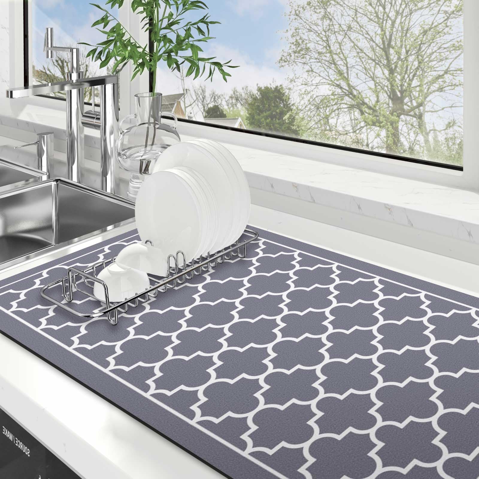 WISELIFE Dish Drying Mat Super Absorbent Drying Mat Large Dish Drying Mats for Kitchen Counter Easy Clean Dish Mat Kitchen Drying Mat18"x 36" Stylish Grey Image