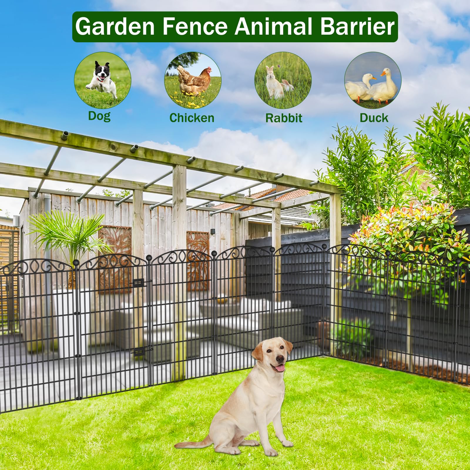 12-teiliger dekorativer Gartenzaun ohne Graben mit Tür – 107 cm hoch / 8.1 m lang. Hoher Metall Tierbarriere für Hunde & Kaninchen, rostfrei Metall-Schutzzaun für Blumenbeet, Hof, Terrasse 4