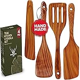 4PCS Wooden Spatula for Cooking – Premium Natural Teak Wood Set for Nonstick Cookware, Includes Paddle, Turner, Slotted Spurtle & Scraper, Smooth Comfortable Grip, Durable & Easy to Clean