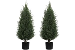ECOLVANT Two 3FT Artificial Cedar Trees Artificial Outdoor Tree Potted UV Rated Plant Artificial Topiary Tree Artificial Plants for Indoor Outdoor