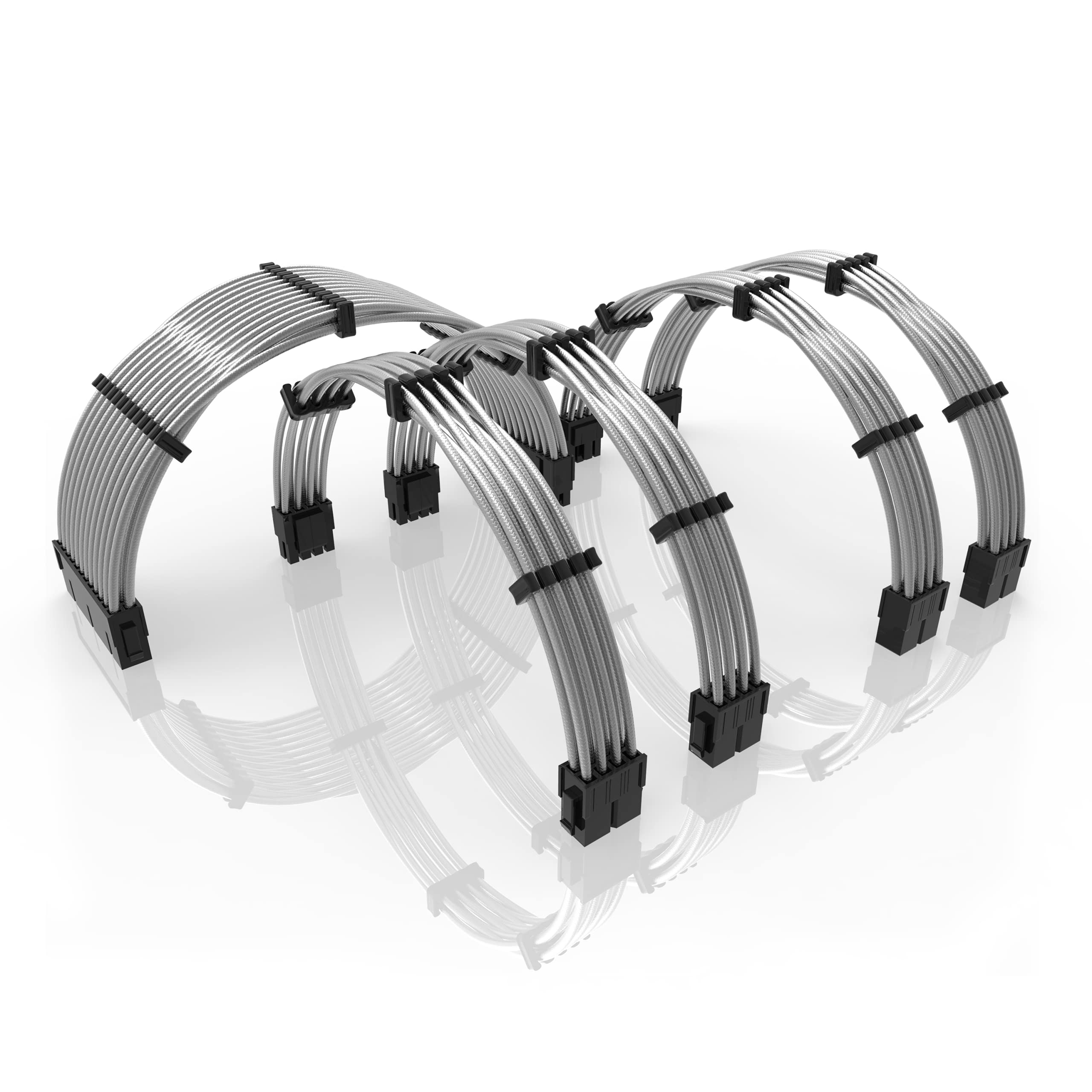 LINKUP - 30cm PSU PC Power Extension Cable Metallic Sleeved Silicone Coated Soft & Flexible to Route Custom Mod GPU & CPU w/Comb Kit | 1x 24P (20+4) | 2x 8P (4+4) CPU | 2x 8P (6+2) GPU | 300mm -Silver