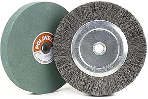 POLIWELL 6 Inch Bench Grinder Grinding Wheel & Wire Wheel Brush with 1/2'' Arbor, 120 Grit Silicon Carbide Bench Grinding Wheel for Bench Grinder,for Drill Bits, Blades and Knifes Cleaning Polishing Sharpening