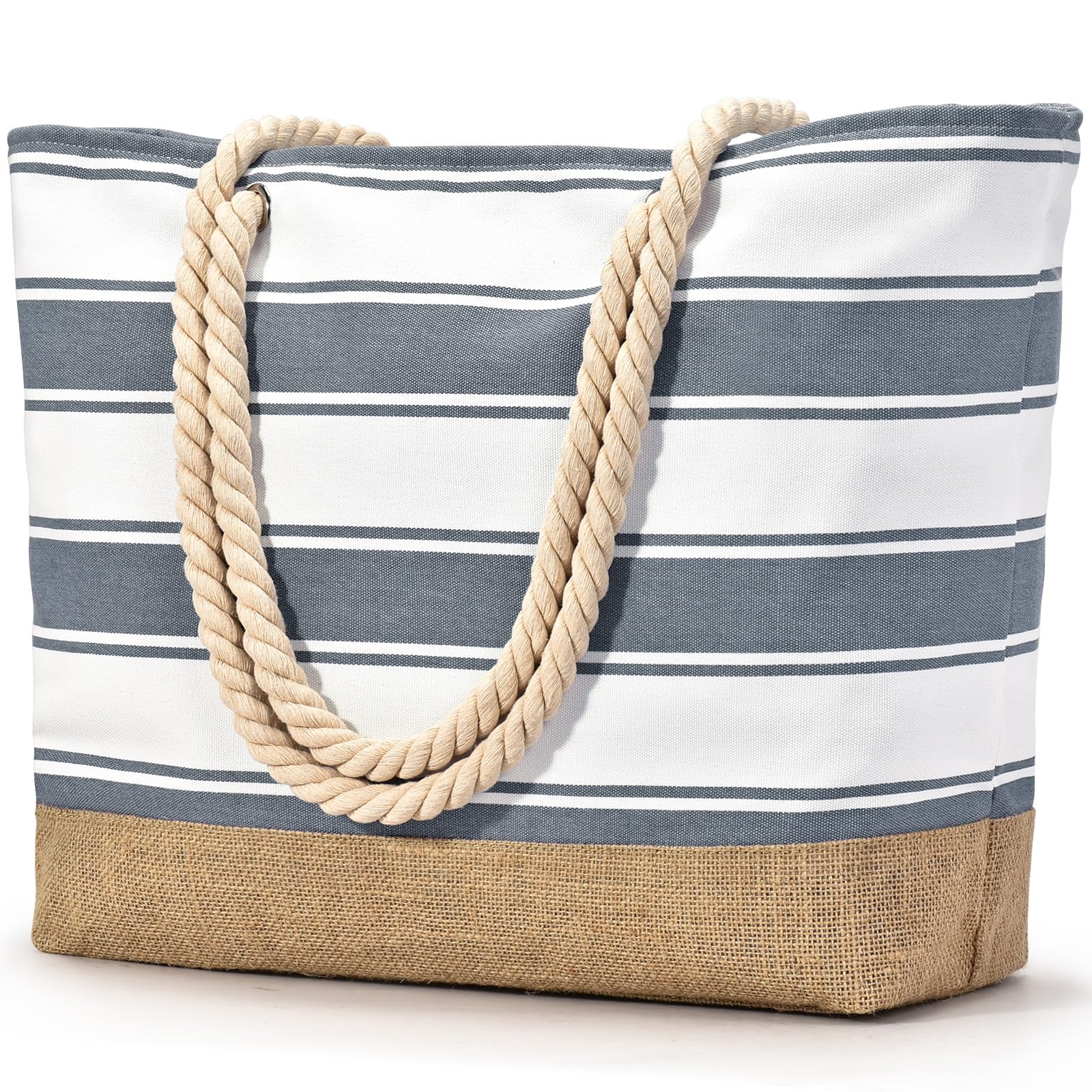 Photo 1 of Becokan Beach Bags for Women Large Canvas Jute Beach Tote Waterproof Sandproof Swim Pool Bag Travel Vacation Essentials