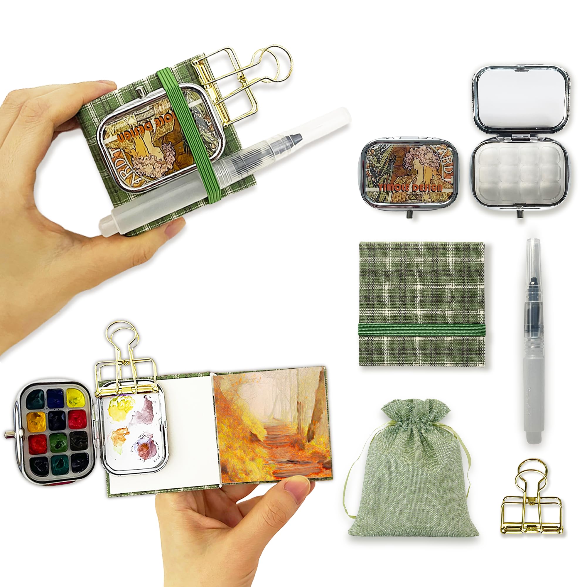 Waveaura Mini Travel Watercolour Palette Set 12Wells Small Empty Portable Painting Kit with Lid, Sketchbook 6x6 cm Pocket Watercolor Book with Fabric Cover 300gsm 140lb 20 Sheets Refillable Brush Pen