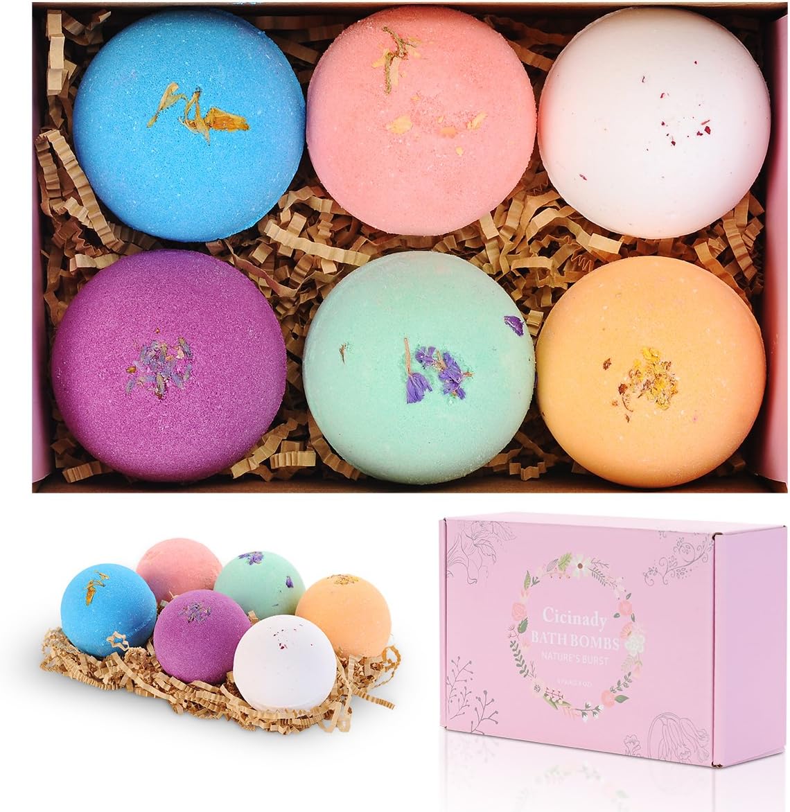 Essential Oil Bath Bomb By Cicinady - 6 x 2.8 Oz Premium Handmade Spa Bath Sets - Natural Bath Fizzies For Moisturizing Relaxation Yoga and Fun - Bath Gifts for Kids Girlfriend Women Men Girls Wife