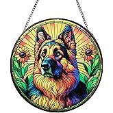 Stained Glass Window Hanging, 7.9 inch/20 cm Suncatchers for Windows Hanging, Sun Catchers Indoor Window, Stain Glass Window Hanging with Metal Chain, Home Garden Decor (German Shepherd)