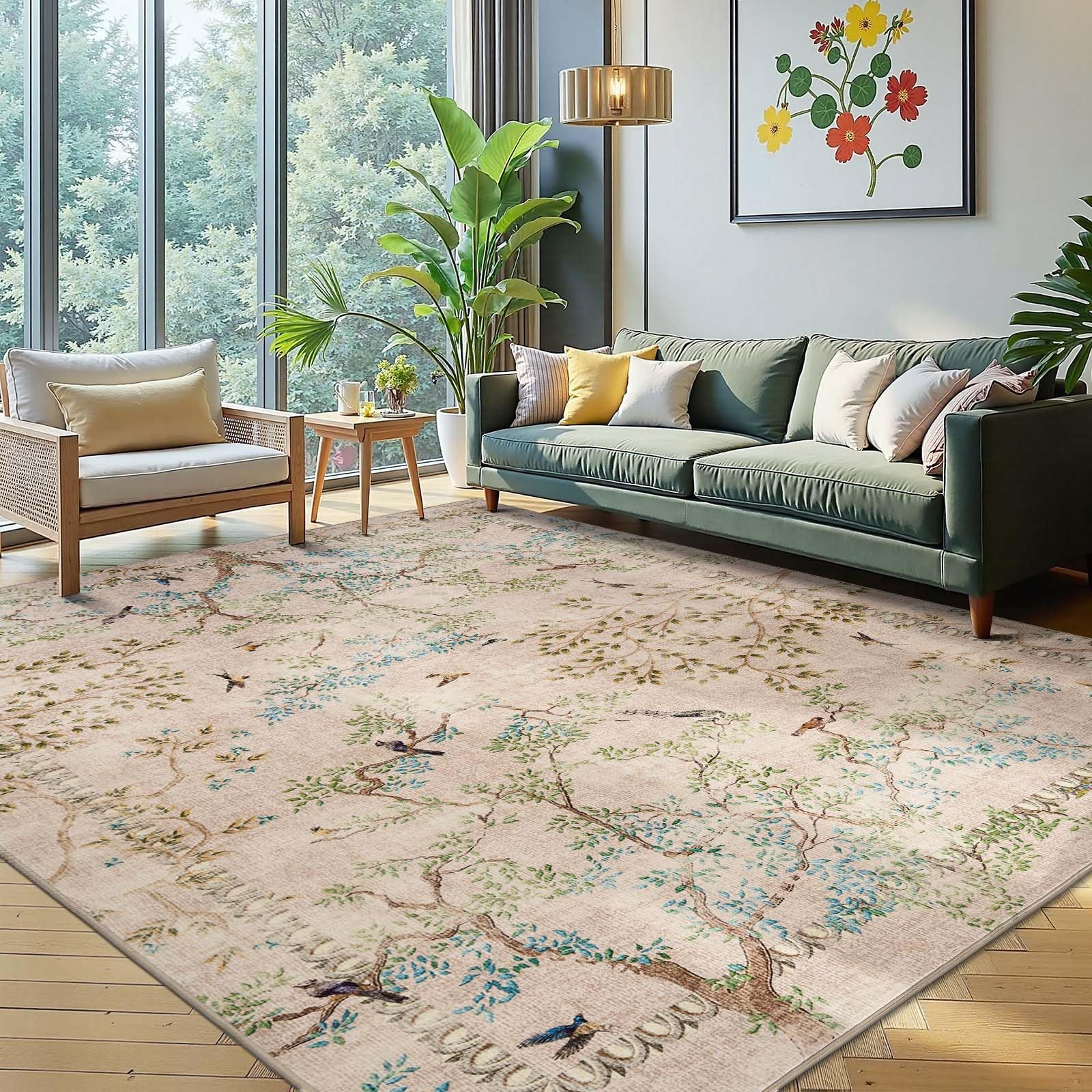 Photo 1 of jinchan Botanical Birds 6x9 Beige Area Rugs for Living Room Washable Non Slip Soft Nature Plants Modern Kids Carpet Vintage Ultra Thin Low Pile Indoor Rug for Bedroom Dining Room Nursery Playroom
