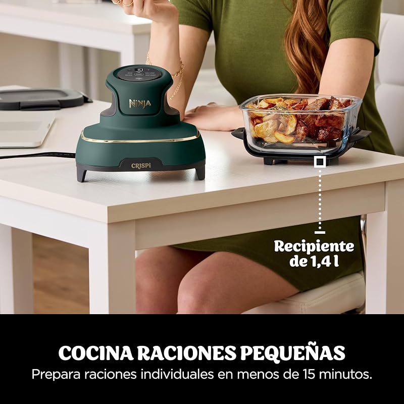 CRISPi Freidora de aire portátil 4 en 1, 3,8L/ 2,3L/ 1,4L : Freír con aire, Asar, Mantener la temperatura, Dorar. Compacta, 6 raciones, 3 recipientes de cristal y tapas, 1700 W Verde FN103EUGN — foto 7 de 8