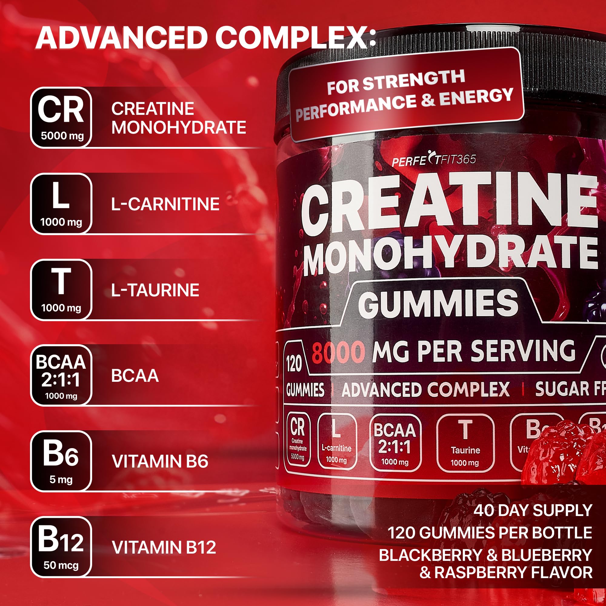 Creatine Monohydrate Gummies Complex 8000mg with L-Carnitine & Taurine, Flavored Creatine for Women and Men with Raspberry & Blackberry Taste, Pre Workout Gummies for Men and Women - 120pcs