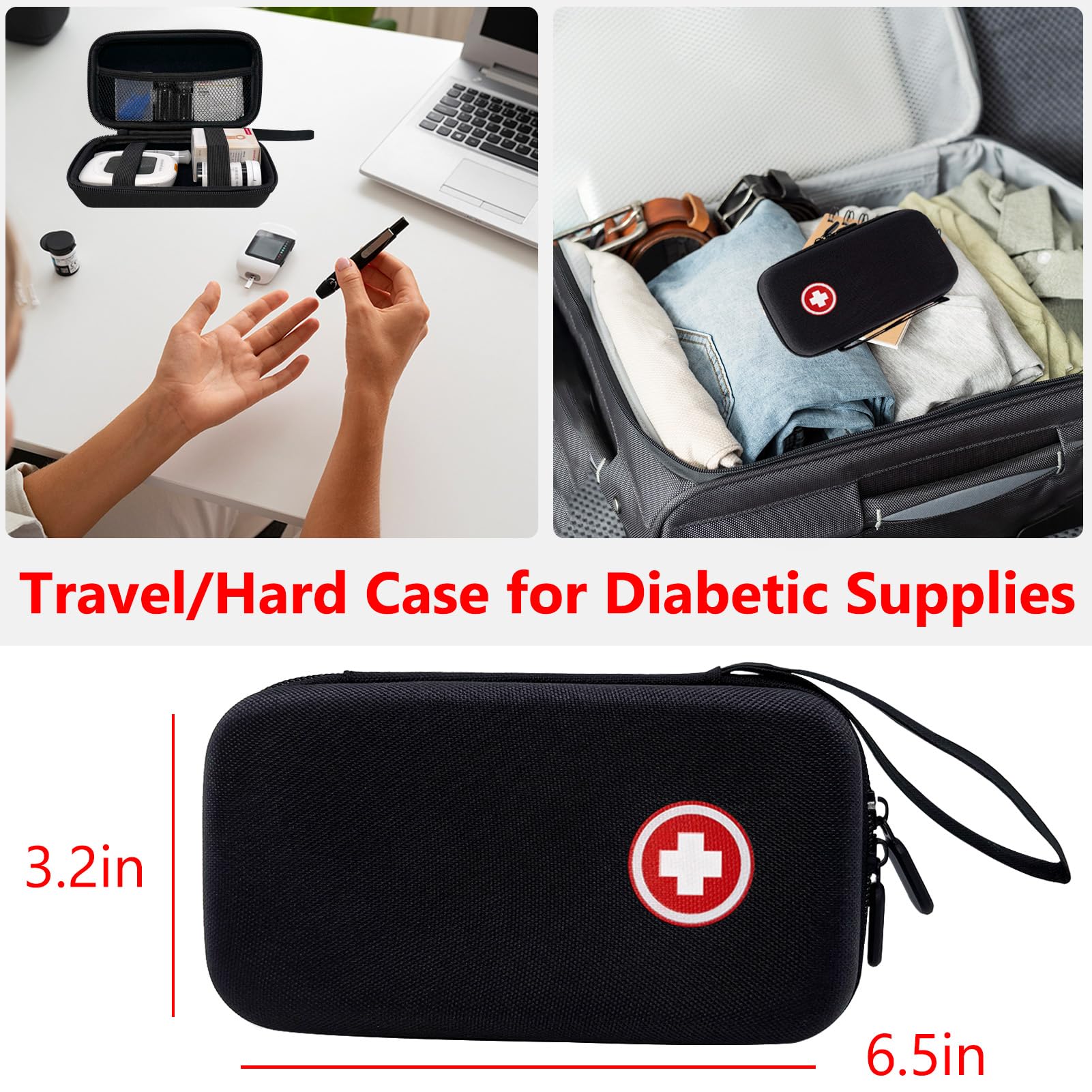 Diabetic Supplies Travel Case, Carrying Case Organizer For Diabetes Testing Kit, Blood Glucose Monitor Kit with Meter, Blood Sugar Test Strips, Lancets, Lancing Device, Alcohol Wipe (Case Only)