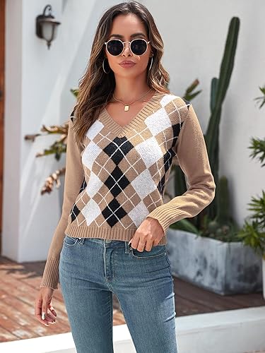 ZAFUL Women's Argyle Sweater V-Neck Cropped Sweater Long-Sleeve