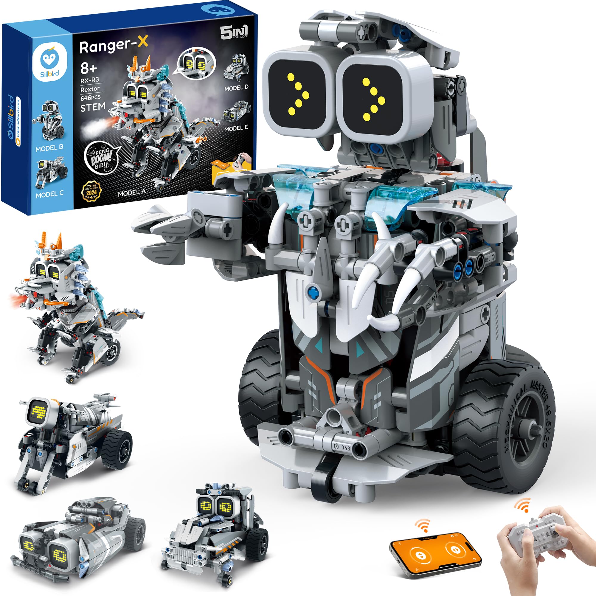 Sillbird Technic Robot Dinosaur Building Kit, 5in1 Buildable Set with Remote & APP Control, Rechargeable STEM Toys, Creative Gifts for Boys Girls Aged 8-12 (646PCS)